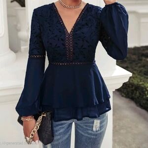 Elegant Navy Blue Lace Blouse